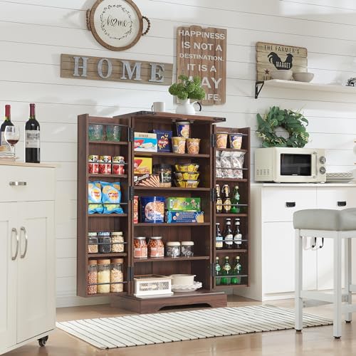 72" Tall Kitchen Pantry, Farmhouse Storage Cabinet with Barn Doors, Organizer, Drawer and Adjustable Shelves, Rustic Wood Cupboard for Kitchen