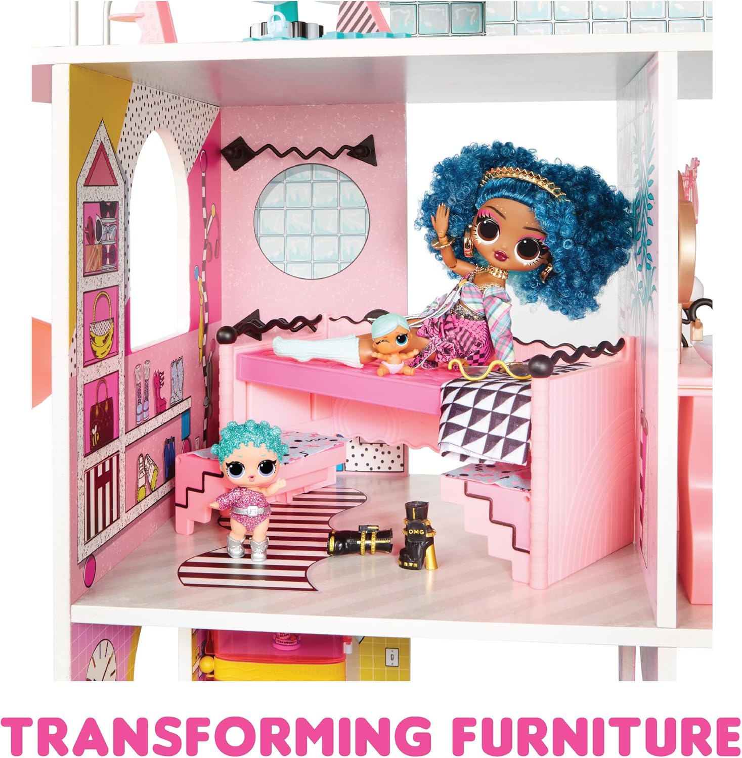 L.O.L. Surprise! OMG Fashion House Playset with 85+ Surprises and Made from Real Wood Including Pool, Spiral Slide, Rooftop Patio, Movie Theater