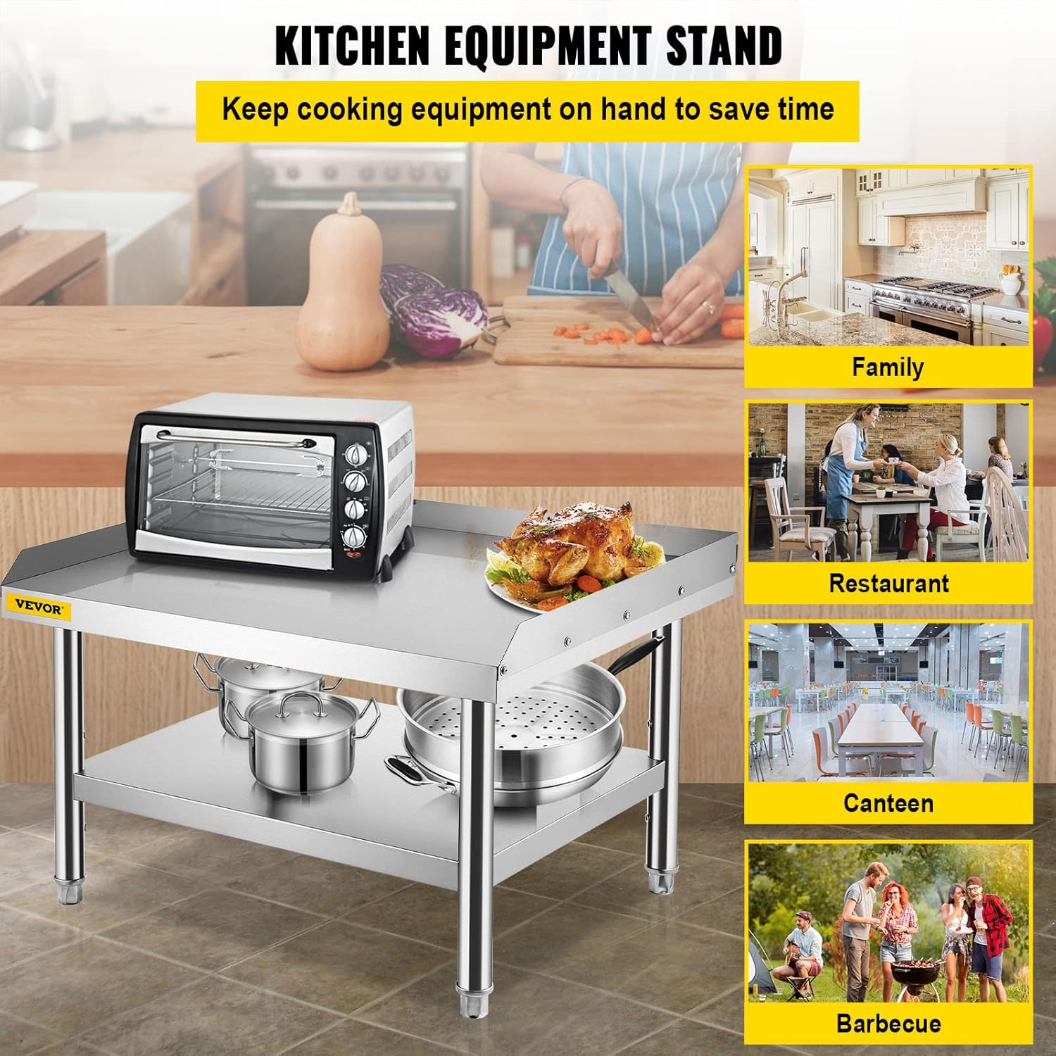 VEVOR Stainless Steel Equipment Grill Stand, 36 x 28 x 24 Inches Stainless Table, Grill Stand Table with Adjustable Storage Undershelf