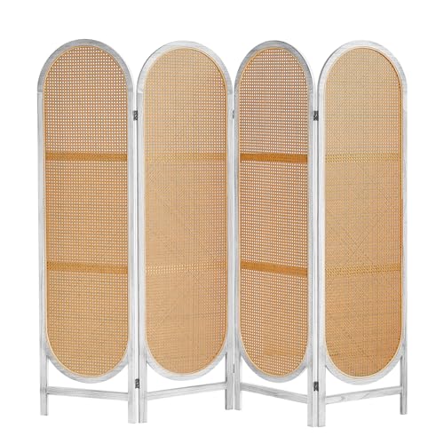 4 Panels Room Divider Wall, Foldable Wooden Room Divider, Individual Privacy Screen Made of Hand-Woven Rattan