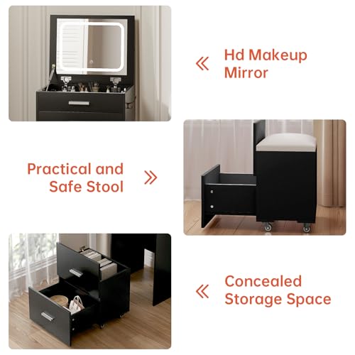 Compact Vanity with 3 Drawers, 3 in 1 Vanity Desk, Makeup Desk with Flip-up 3 Colors Lighting Mirror and Cushioned Stool