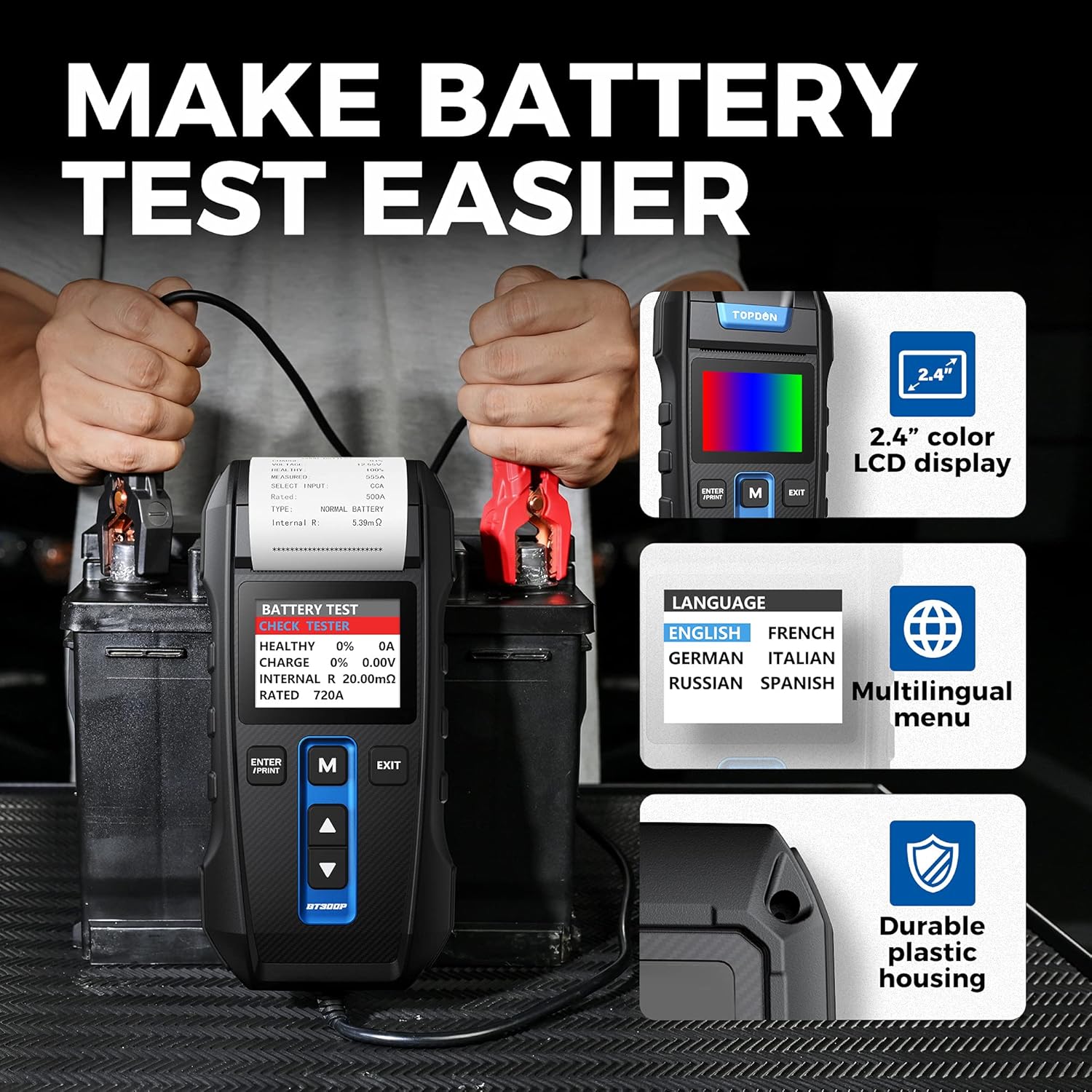 Car Battery Tester 12V 24V 100-2000CCA Lead-Acid Battery, TOPDON BT300P Alternator Tester, Load Tester, with Built-in Printer