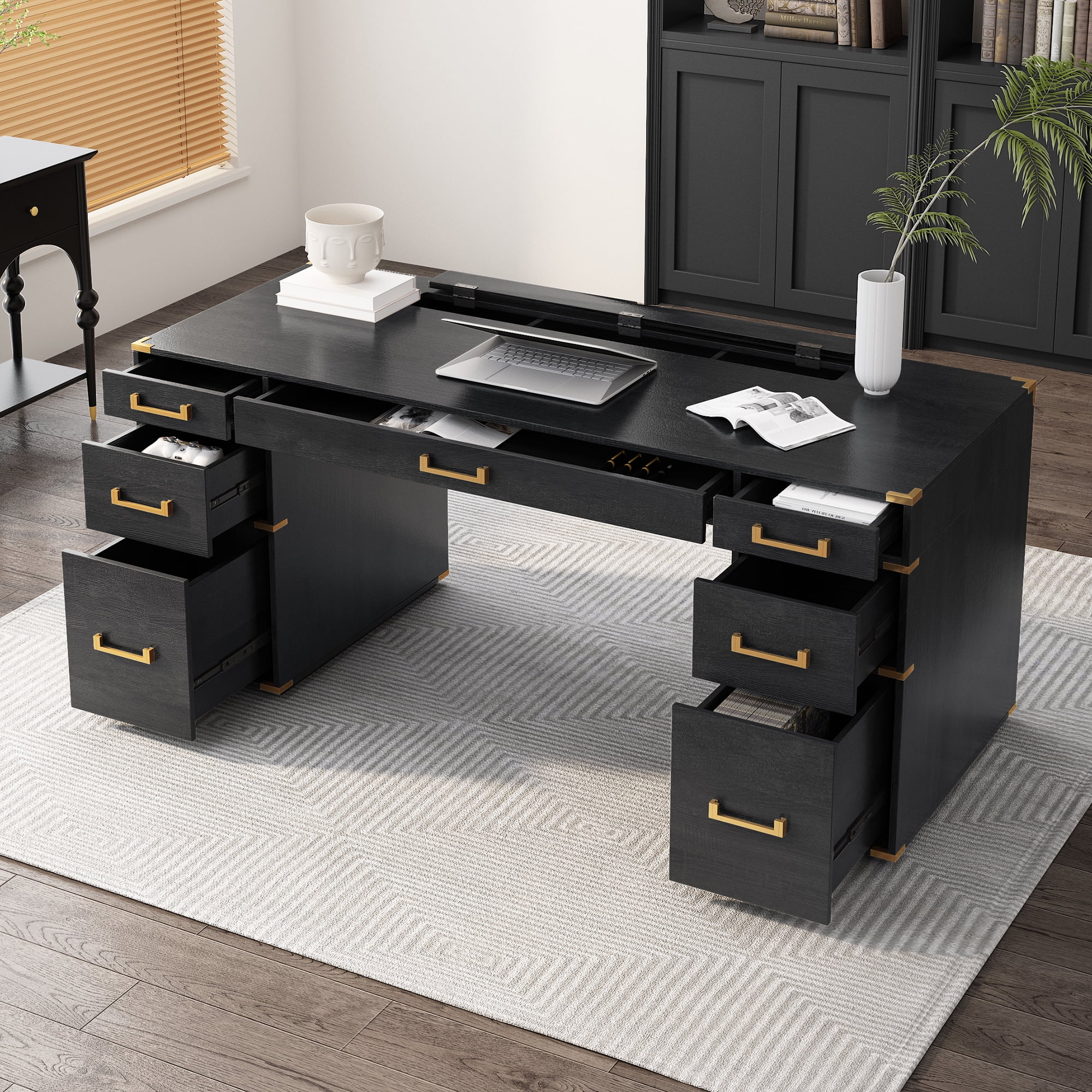 70"Classic and Traditional Executive Desk with Metal Edge Trim ,Writing Desk with 2 File Drawers,Usb Ports and Outlets