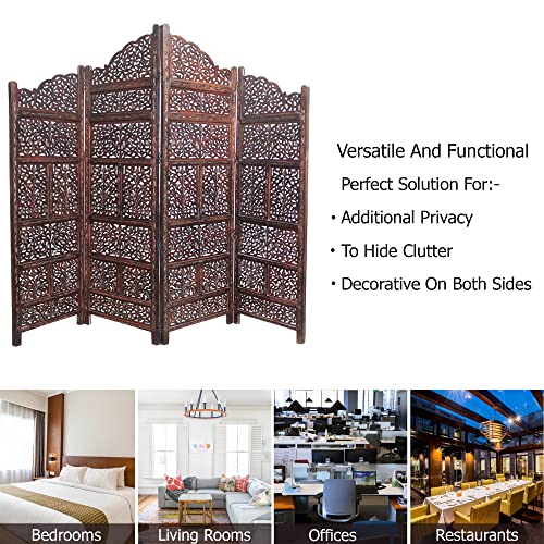 Room Divider Wood Screen - Ghanti Bells Antique Brown - 4 Panel Folding 72 x 80