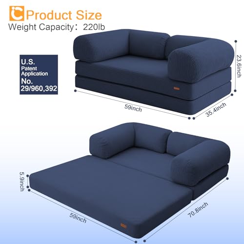 COMAX Folding Sofa Bed, Convertible Chair Bed Corduroy 3-in-1 Foldable Floor Couch with High-Density Foam, Futon Sofa Sleeper Mattress