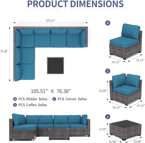 6 Piece Outdoor Patio Furniture Set with Coffee Table, Rattan Deck Conversation Sofa Set