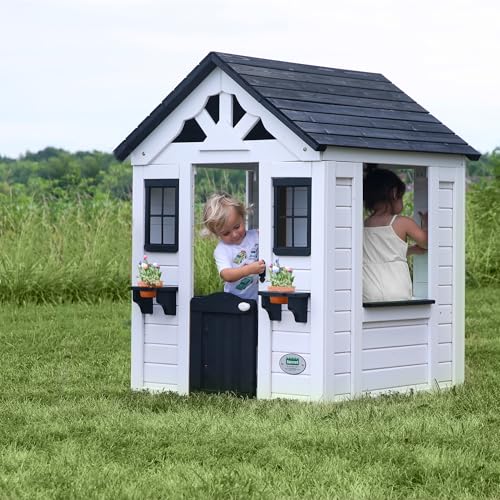 Backyard Discovery Sweetwater Cedar Wooden Kids Playhouse Cottage with Play Kitchen, Snack Bar, Half Door, Toy Phone, Windows, Flowerpot Holders