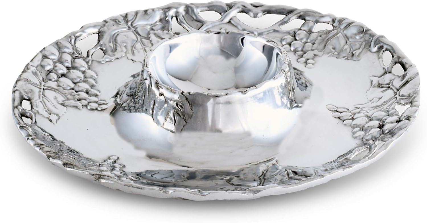 Arthur Court Designs Metal Grape Chip and Dip Platter in Grape Pattern Sand Casted in Aluminum with Artisan Quality Hand Polished Designer