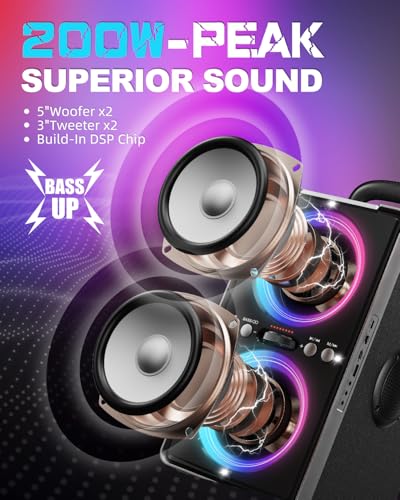 Portable Bluetooth Speaker, 200W (Peak) Loud Sound Stereo with subwoofer, Fast Charging, 20H Playtime