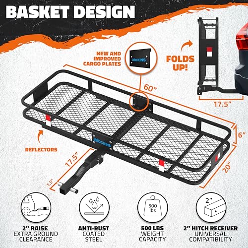 Mockins 60x20x6 Heavy-Duty Trailer Hitch Cargo Carrier 500lb Cap & 16 CuFt Soft Shell Waterproof Luggage Cargo Bag |Folding Hitch Cargo Carrier w/Net