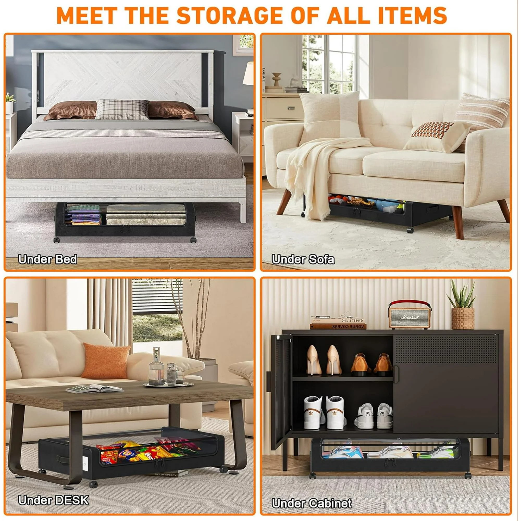 Under Bed Storage with Wheels, 2-Pack Under Bed Storage Containers with Clear Lids, XXL 60L Under the bed storage Organizer Bins