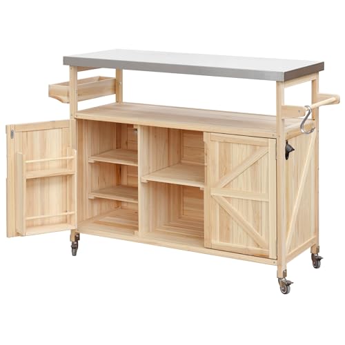 Farmhouse Kitchen Island with Power Outlet, Drop Leaf, Spice Rack and Drawer,Rolling Kitchen Cart on Wheels