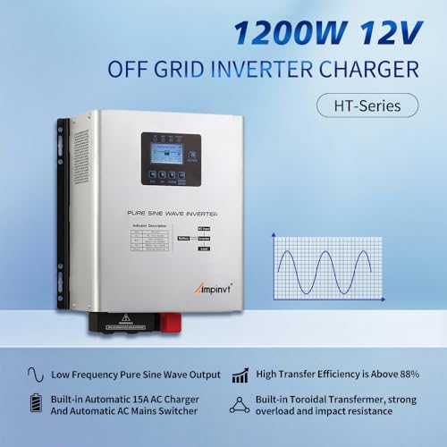 800W Pure Sine Wave Inverter with AC Charger, DC 12V to AC 120V Output,UPS Backup Power Low Frequency Inverter for Lithium, Sealed,AGM, Gel