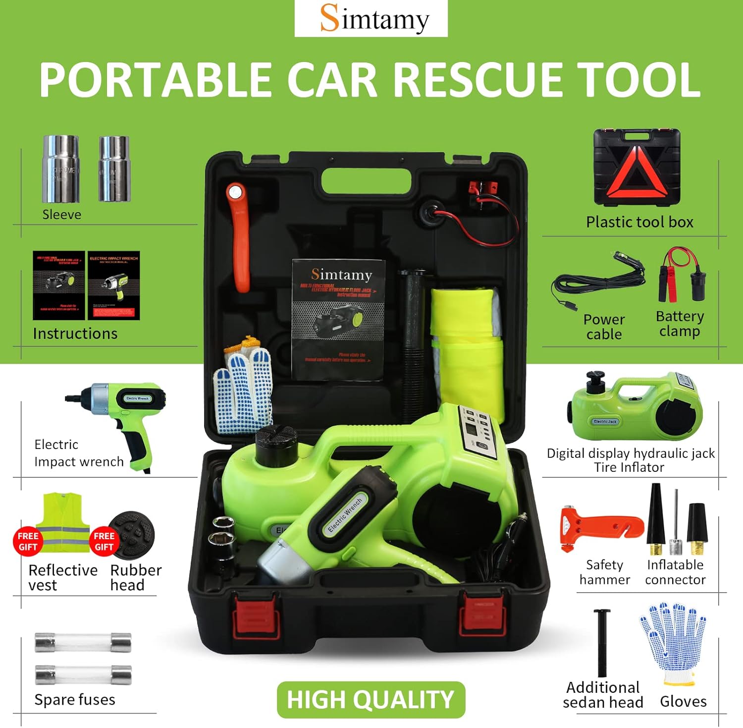 Simtamy Electric Car Jack Kit 5 Ton(11,000lb) 12V Hydraulic Jack with Electric Impact Wrench, Tire Inflator and LED Light