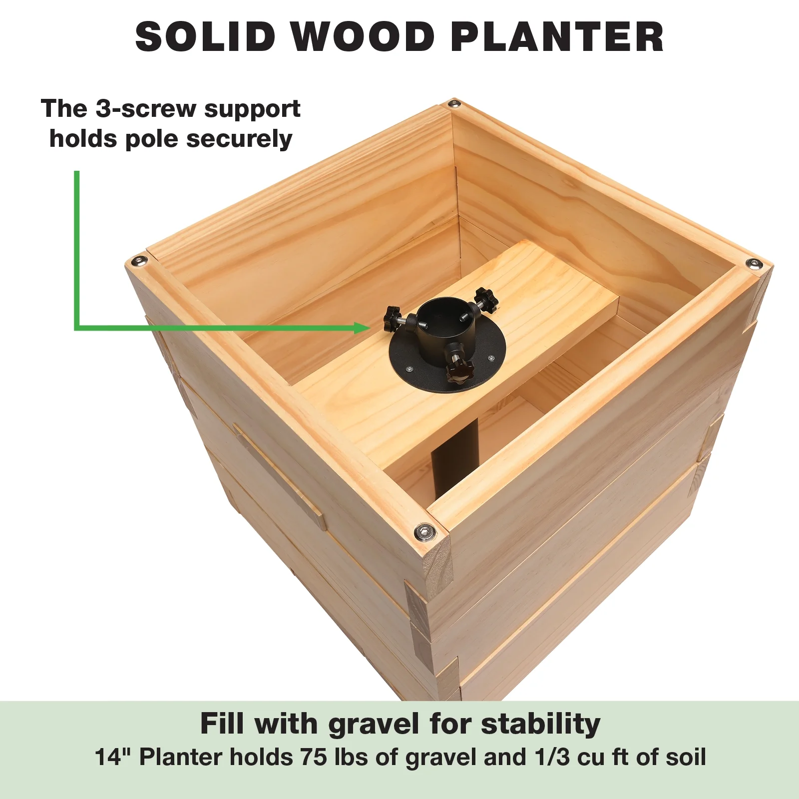 Excello Global Products Wooden Planter Box Set with 10' String Light Pole - 14"x14", Ready to Assemble.