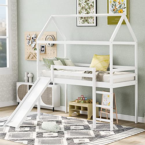 Merax Twin Over Twin House Bunk Bed Frames with Slide and Storage Staircase, No Box Spring Needed, White
