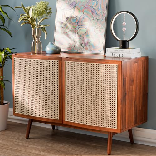 Bme Nancy Solid Acacia Wood Coffee Table for Living Room, Spacious Oval-Shaped 237 Lbs Top Capacity, Rattan Shelf Below, Mid Century