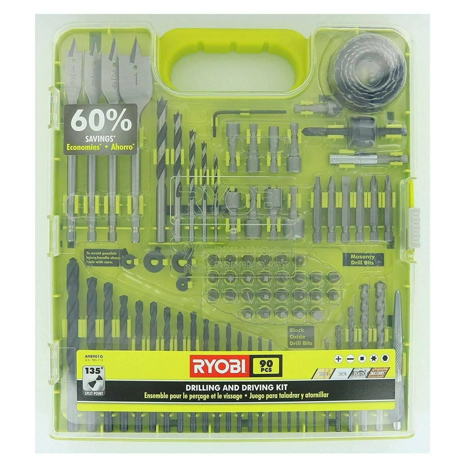 Ryobi A98901g 90 Piece Drilling and Driving Kit for Wood Metal Plastic Masonry