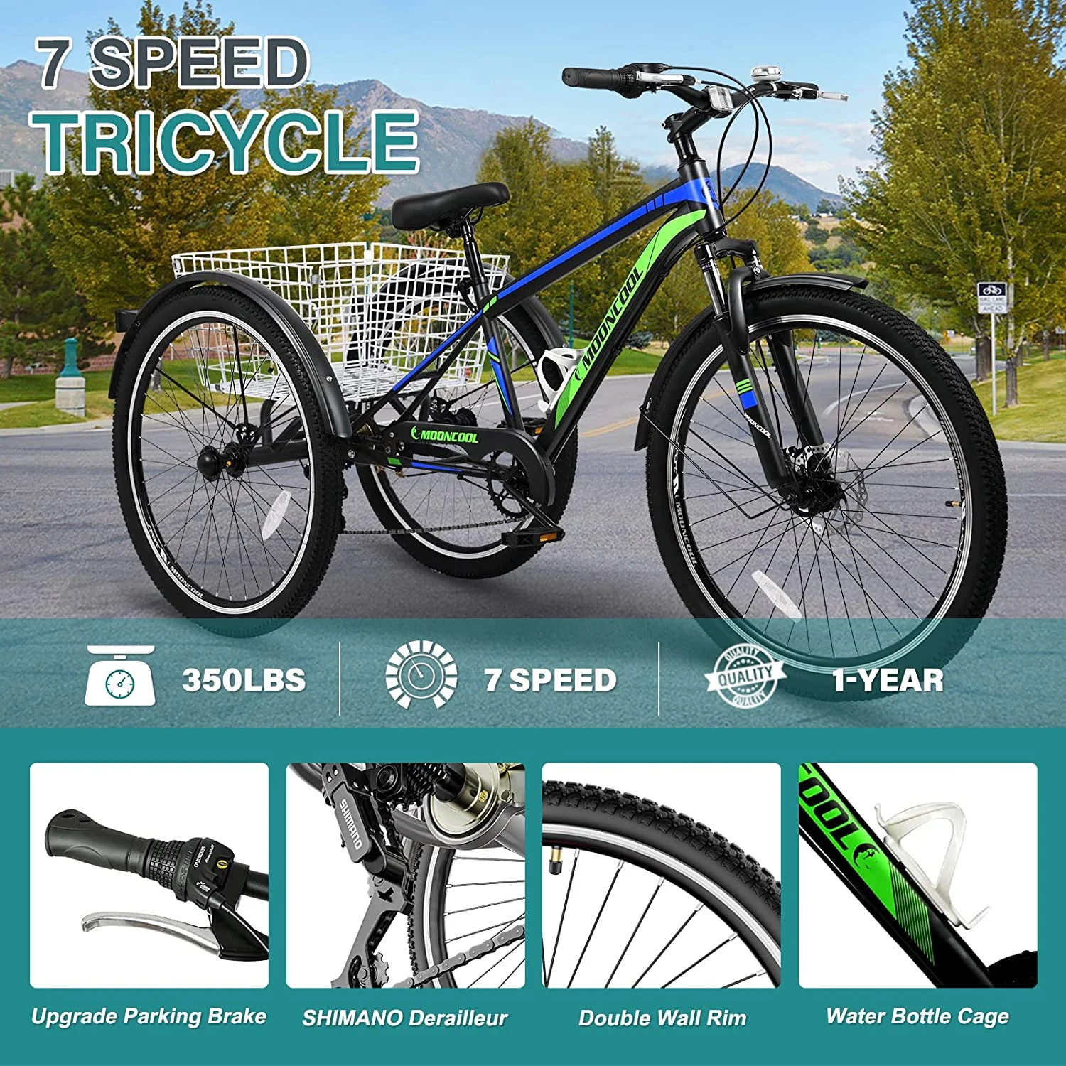 Mooncool Adult Mountain Tricycle, 7 Speed Three Wheel Bike, 24/26/27.5 Inch Adults Trikes for Seniors with Shopping Basket