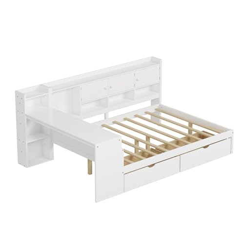 Corner Twin Bed Frame with Bookcase Storage and Desk, Wood Day Beds with 2 Drawers, Twin Size Daybed with Storage for Living Room