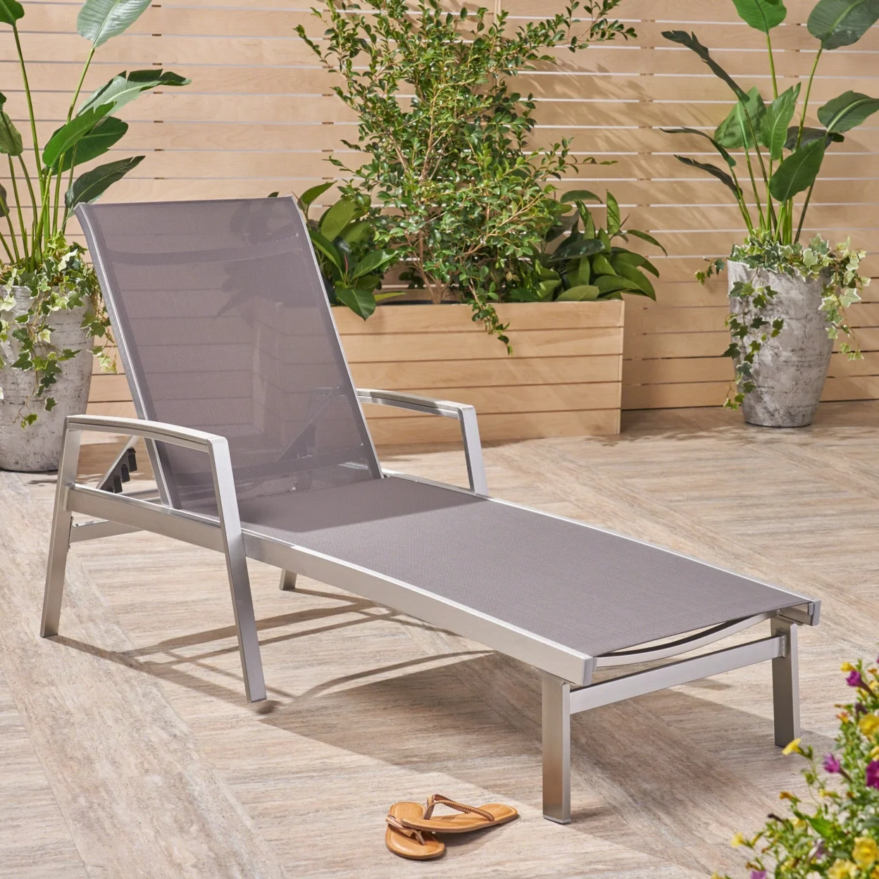 GDF Studio Joy Outdoor Aluminum Adjustable Chaise Lounges, Set of 2, Gray Mesh and Silver