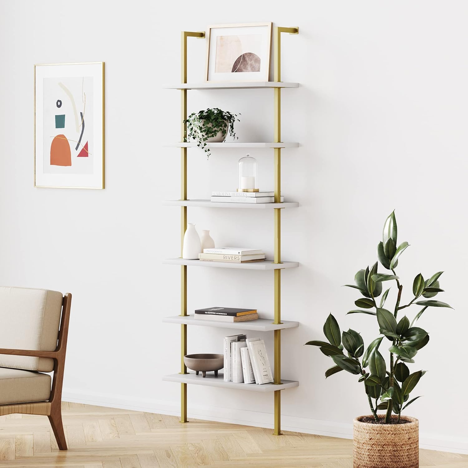 Nathan James Theo 5-Shelf Modern Bookcase, Open Wall Mount Ladder Bookshelf with Industrial Metal Frame, White/Gold