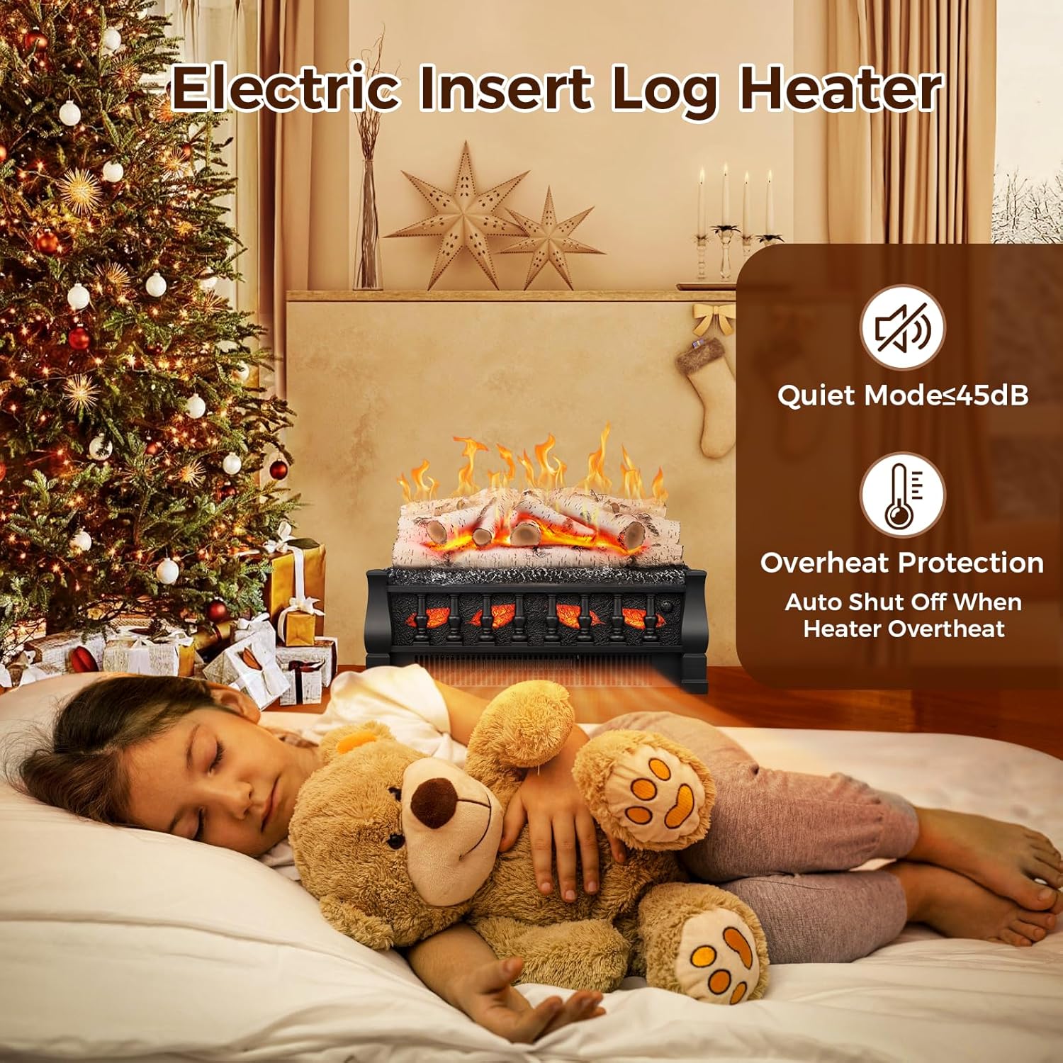 Joy Pebble Electric Fireplace Insert Log Heater 21", 750W/1500W Adjustable 5 Flame Brightness&Speed
