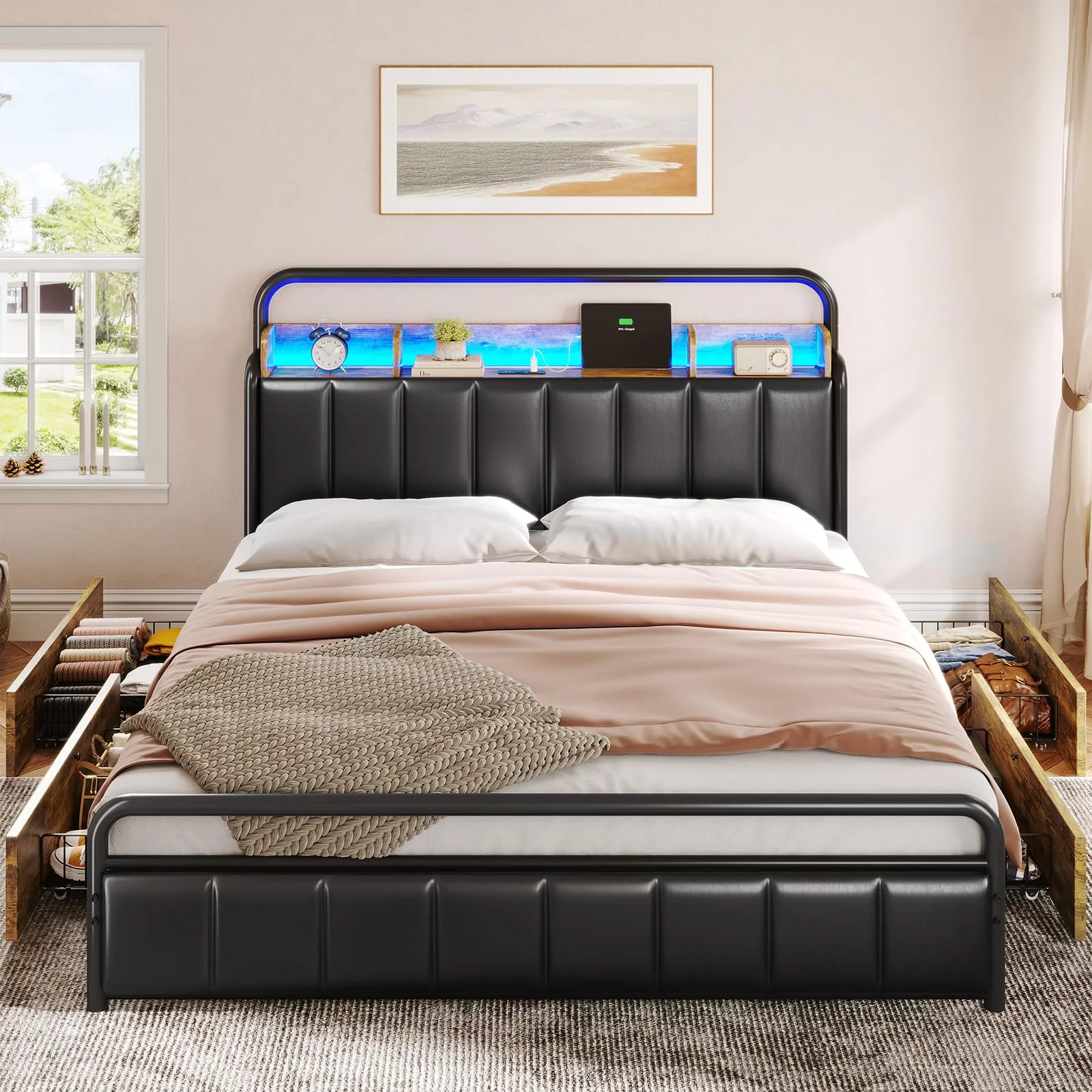 Queen Size Bed Frame with Storage Headboard & Hidden Storage Metal Platform LED Bed Frame with 4 Drawers & Charging Station,Upholstered Headboard