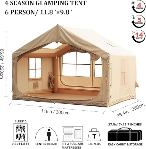 10' x 8' Inflatable Tent for Camping, 6-8 People Blow up Tent, 4 Season Inflatable House with Stove Jack