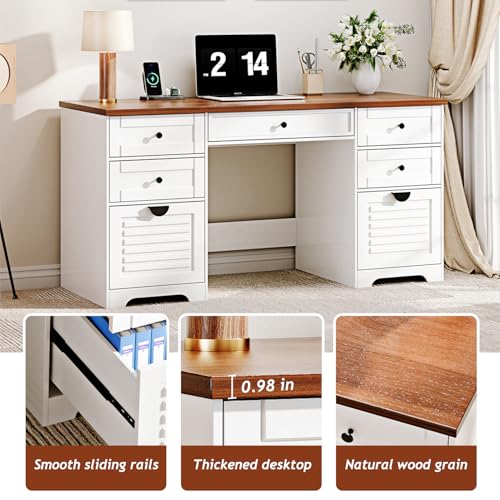 59" Home Office Desks, Executive Desk, Farmhouse Computer Desk with 7 Drawers and Charging Station, File Drawer, Rustic Computer Writing Desk