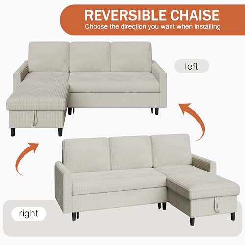 Vongrasig Convertible Sleeper Sofa, Pull Out Couch with Storage, 77" L-Shaped Sofa Bed with Storage Chaise Corduroy Fabric for Living Room, Apartment