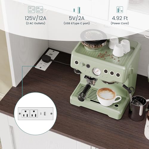ANCTOR Kitchen Hutch Cabinet with Storage Tall Pantry Storage Cabinet with Glass Doors, Power Outlet, Microwave Stand, Adjustable Shelves, Drawer
