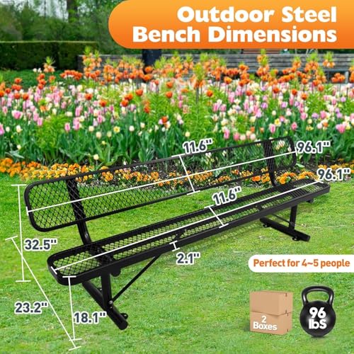 8FT Heavy Duty Park Bench with Back Portable Frame, Outdoor Metal Park Bench with Backrest, Steel Mesh Outdoor Bench for Garden, Lawn, Patio, Porch