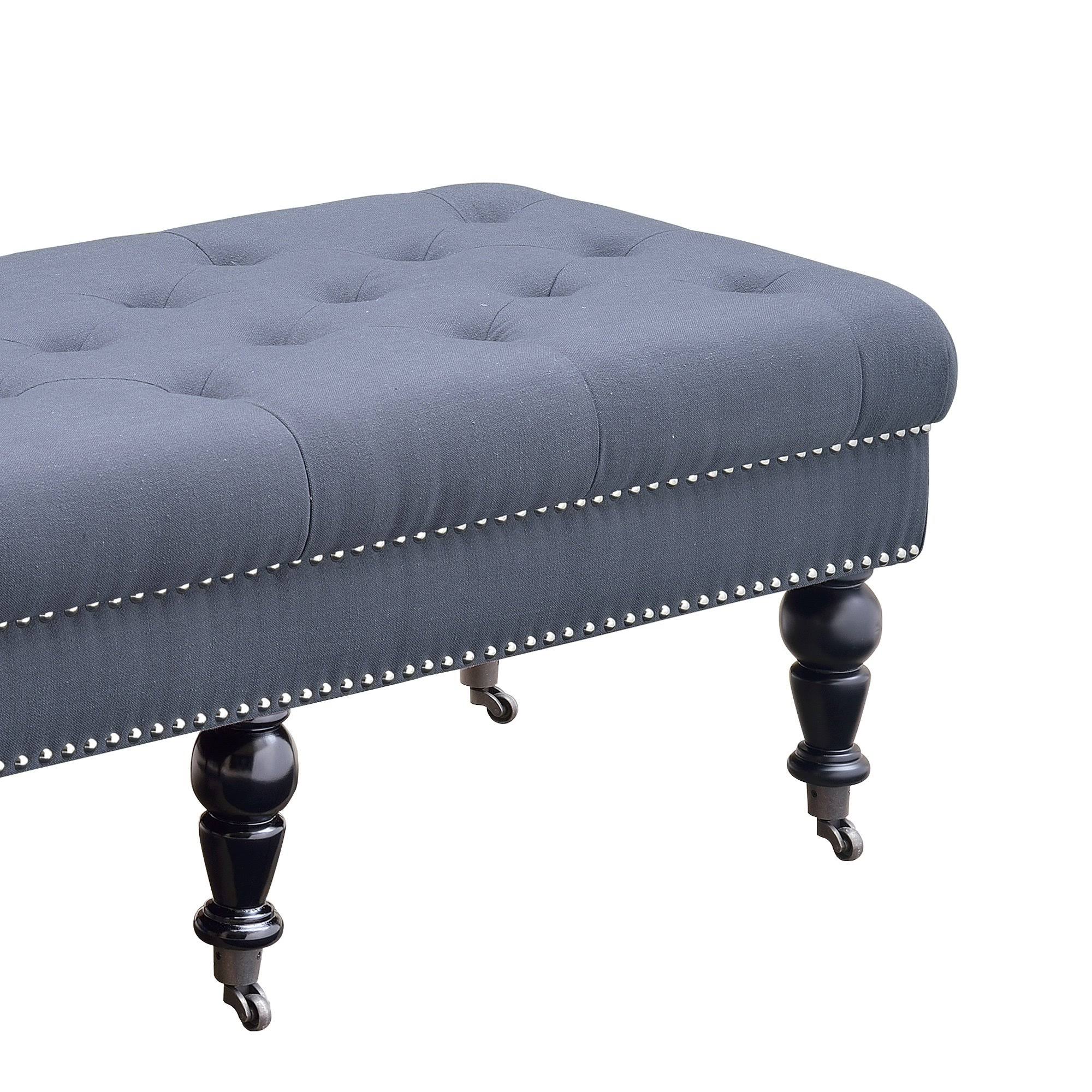 Benzara 50 inch Button Tufted Bench with Caster Wheels Black and Blue