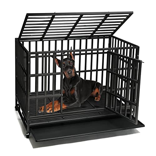 Enhanced Heavy Duty Dog Kennel Crate Cage with Strong Metal Frame, Double Doors and Lockable Wheels, for Extra Large Dog Breeds, Pet Playpen (Square
