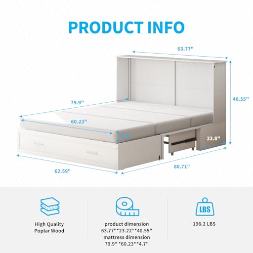 Mjkone Queen Size Cabinet Murphy Bed with Tri-Fold Mattress, Modern Multipurpose Wall Cabinet Chest Bed