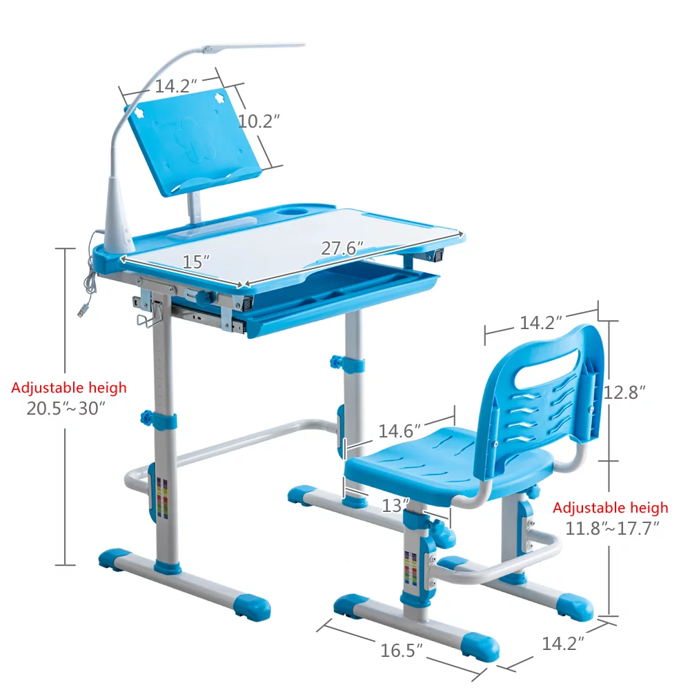 Kids Desk and Chair Set, Height Adjustable Children Study Table with Led Light, Bookstand, Wood Tiltable Anti-Reflective Tabletop