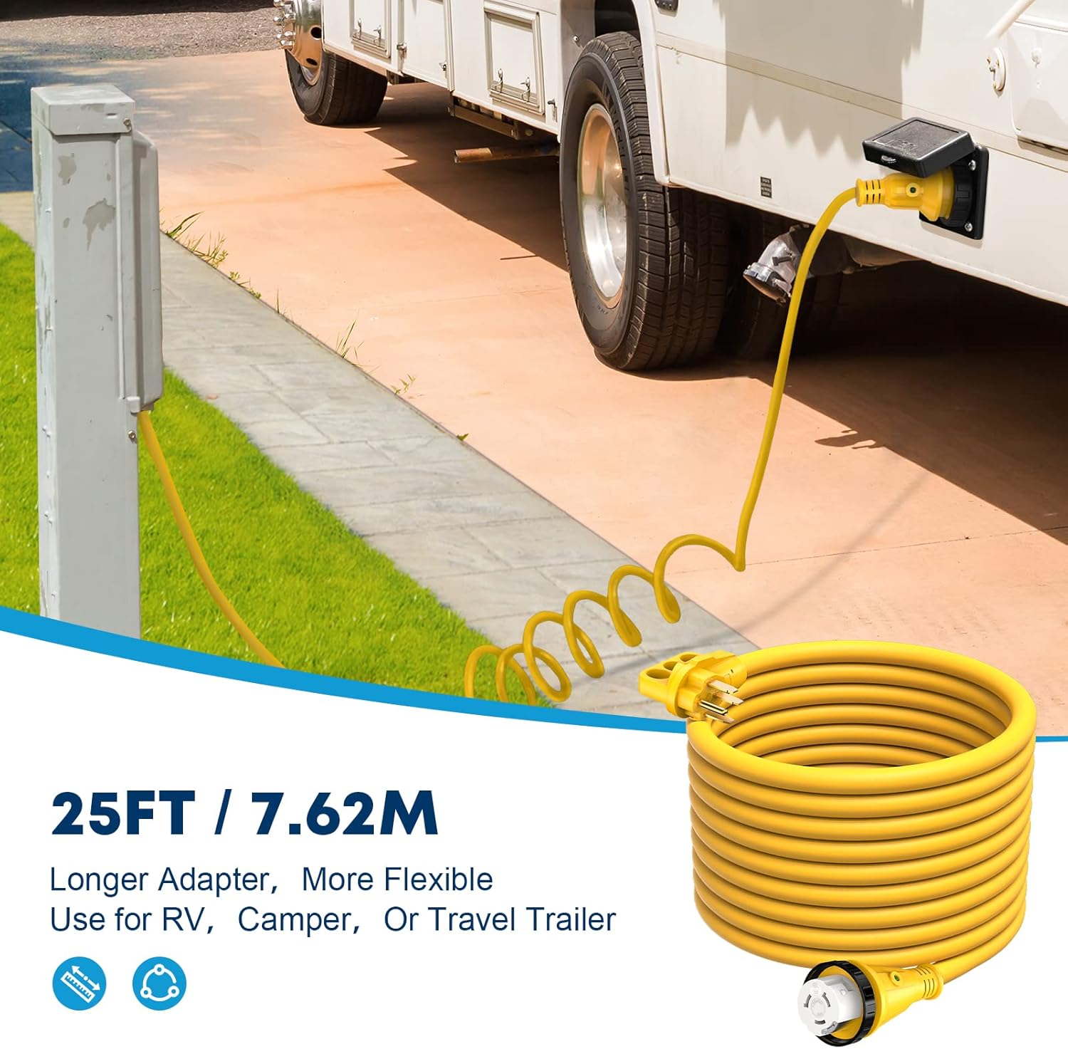 Kohree 50 Amp RV Power Extension Cord 25FT with Grid Handle Heavy Duty, 50M/50F 90 Degree RV Locking Adapter, LED Indicator & 30M/50F Power Adapter