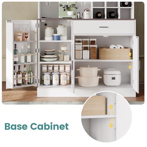 ANCTOR Kitchen Hutch Cabinet with Storage Tall Pantry Storage Cabinet with Glass Doors, Power Outlet, Microwave Stand, Adjustable Shelves, Drawer