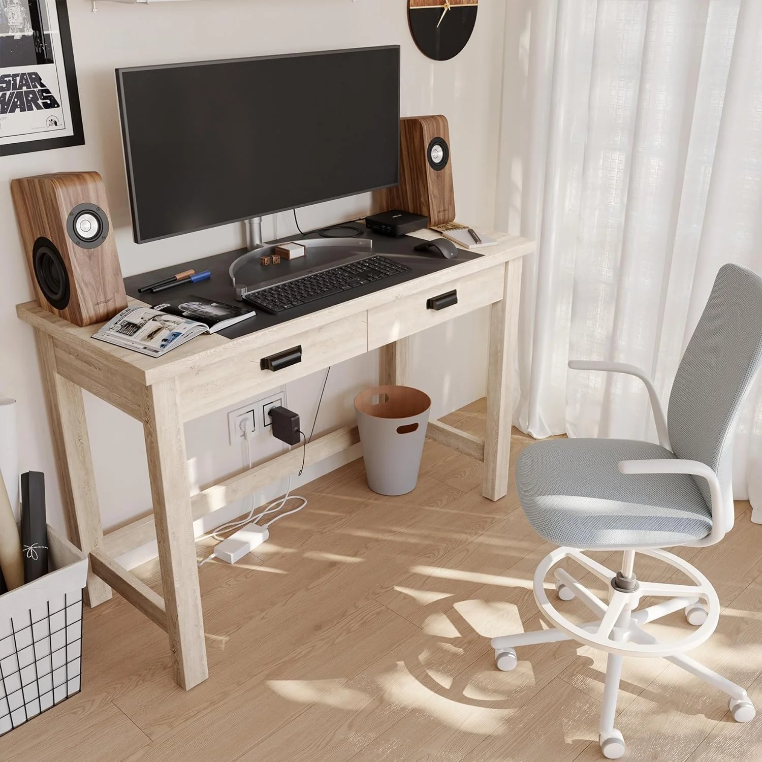 Wooden Writing Desk with Two  Drawers  Simple Writing Computer Desk with Charging Ports  47 Inch Study Desk for Small Spaces