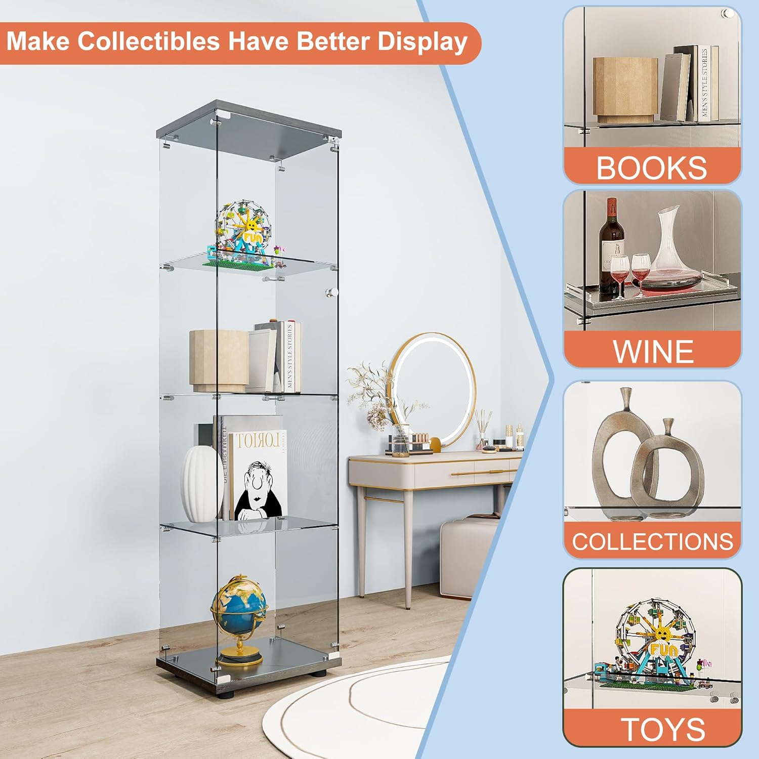 FANYUSHOW Glass Display Cabinet 4 Shelves with Door and Lock, Curio Cabinet for Living Room, 5mm Tempered Glass Display Shelf