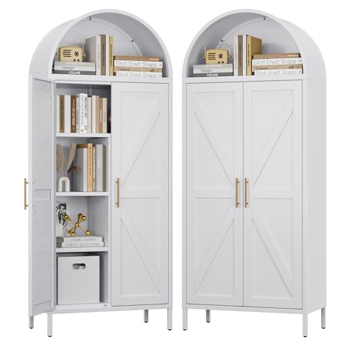 Tall Kitchen Pantry Cabinet, Metal Display Storage Cabinets with 4 Doors/2 Drawers for Kitchen Home Office Living Room, Assembly Required
