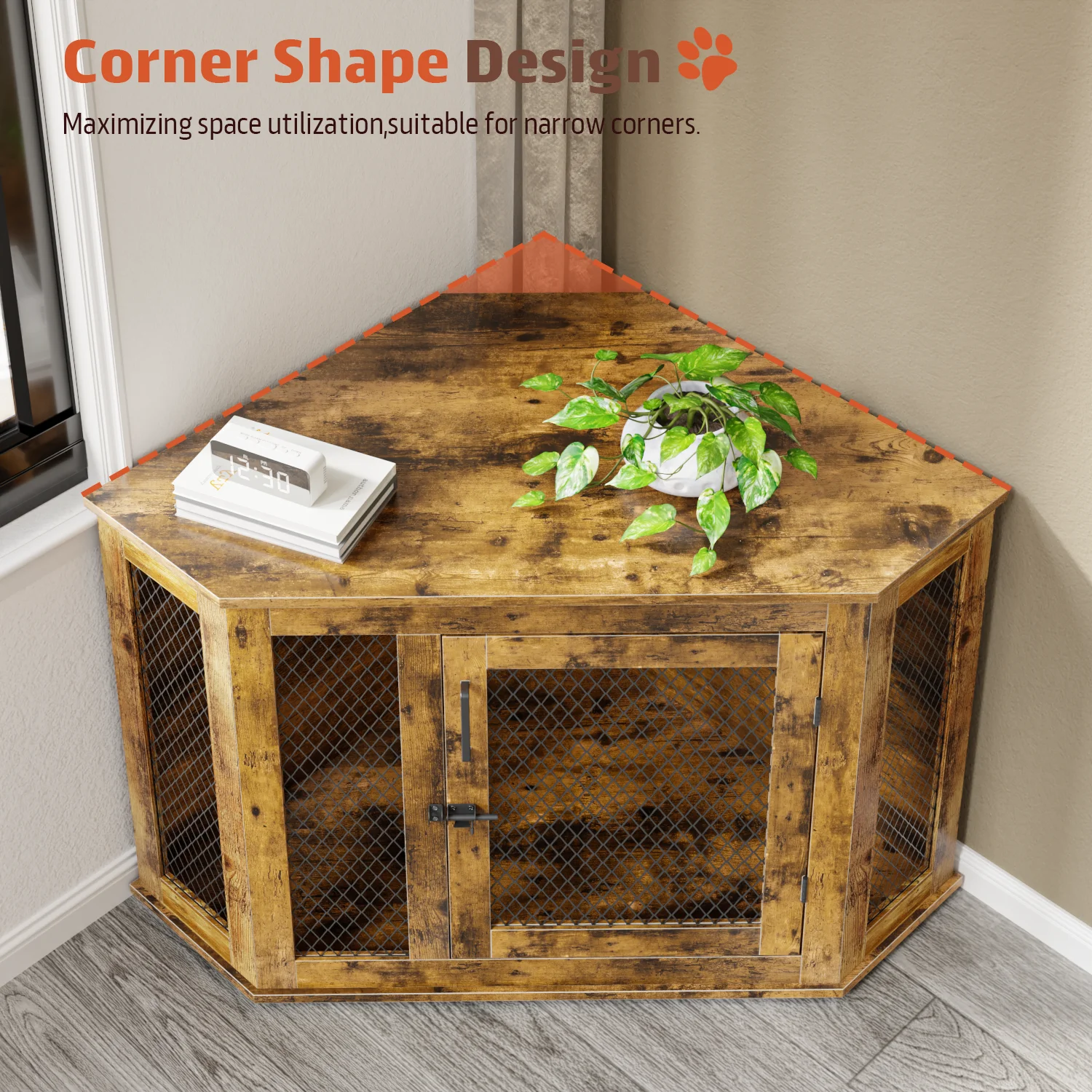 Bossin 44"Corner Dog Crate Furniture，Wooden Dog Kennel Indoor Furniture，Decorative Dog Crate