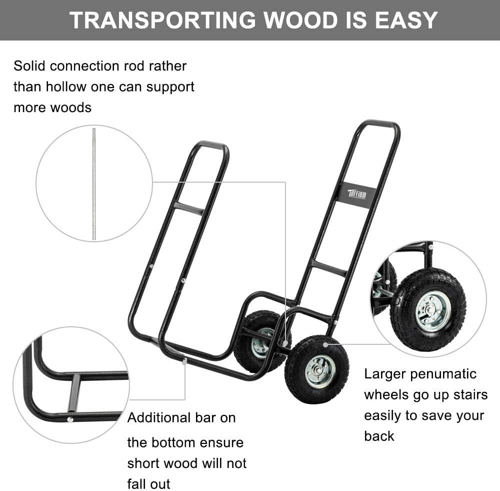 ROVSUN Firewood Cart with Large Wheels, Fireplace Log Rolling Caddy Hauler, Wood Mover Outdoor Indoor Storage Holder Rack, Heavy Duty