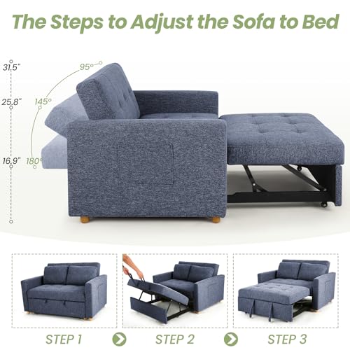 SEJOV 3-in-1 Convertible Sofa Bed, Linen Fabric Sleeper Couch Pull Out Bed, 49" 2-Seater Loveseat Futon Sofa with Spring Support