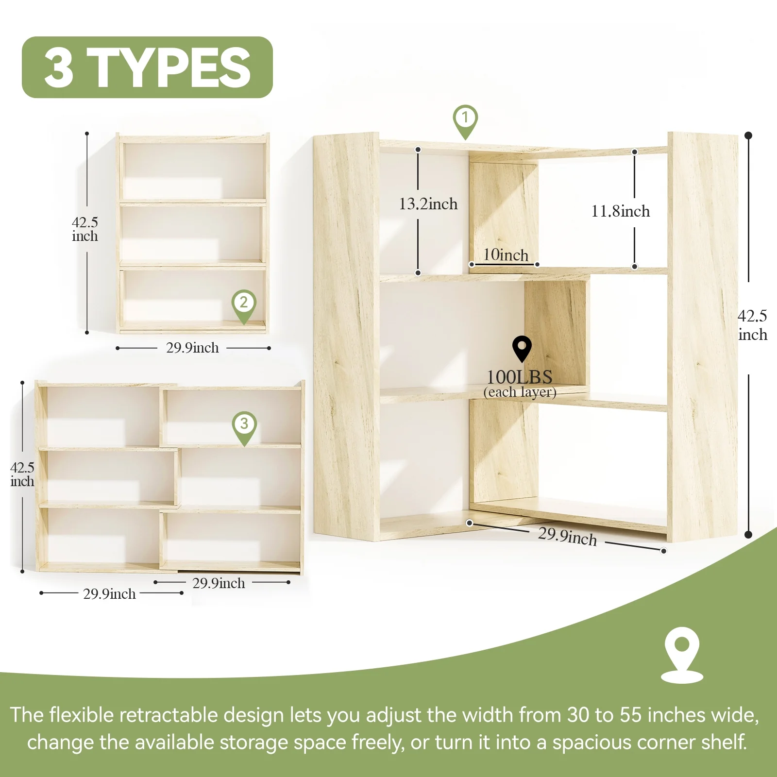 Kaboon Wood Bookshelf Expandable 30-55 inch Wide, 4-Tier Shelving Unit, Large Corner Bookcase