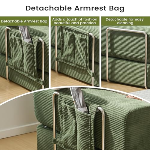 Convertible Sleeper Sofa Bed No Assembly Corduroy Upholstered Green Modular Floor Couch Queen/King Size Foldable Futon with Memory Foam for Apartment