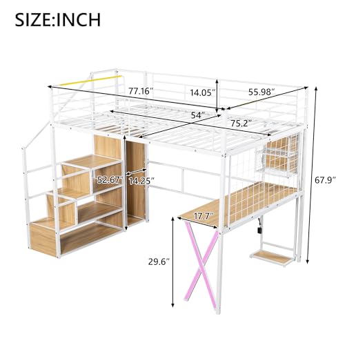 Modern Full Size Gaming Loft Bed with Built-in Desk and Storage Wardrobe, Wood Loft Bed Frame with Light Strip and 2 Drawers