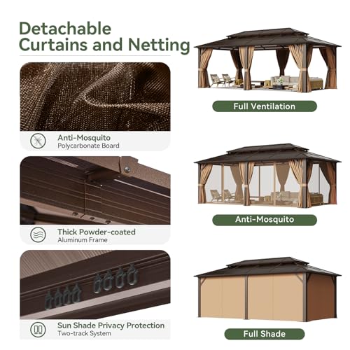 Aoxun 12'x10' Hardtop Gazebo, Aluminum Frame Permanent Pavilion with Curtains and Netting, Outdoor Polycarbonate Double Roof Canopy
