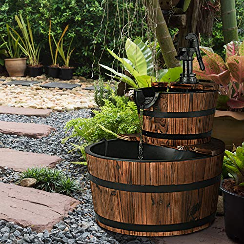 Giantex 2-Tier Barrel Waterfall Fountain Outdoor, Rustic Wood Barrel Cascading Water Fountain with Electric Pump